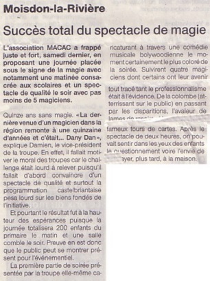 Article paru dans L'Eclaireur Succès total du spectacle du magicien Julien MOREAU